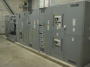 Industrial electrical substation at dusk