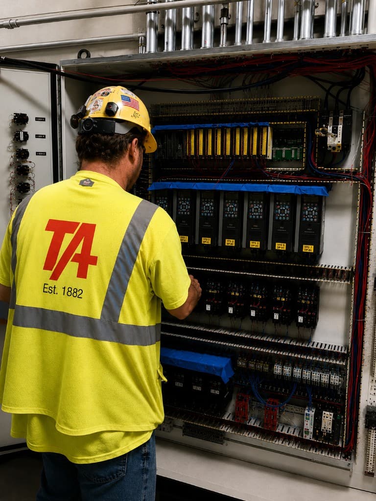 Terminal-Andrae technician servicing an electrical control panel